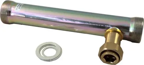 Rücklaufrohr aus Metall mit Anschluss für eine Verrohrungsgruppe, geeignet für den Mischerkreis. Produkt von Wolf.